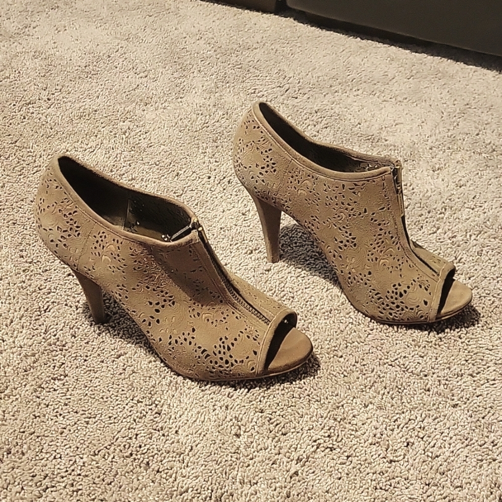 Brown BCBGirls 3.5-inch Peep Toe Heeled Boots, Size 7.5